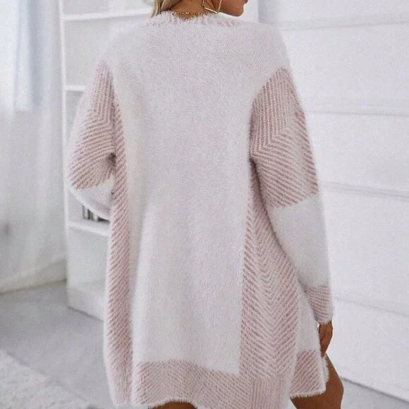 Pink Casual Women's Long Sleeve Solid Color Patchwork Cardigan - Picture 2 of 6